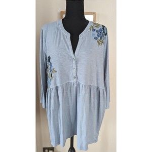 Eddie Bauer Women's 2XL Blue 3/4 Button Floral Embroidered Peasant Top Shirt